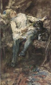 A Girl Playing With A Cat by Jacob Henricus Maris