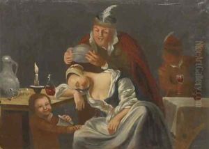 A tavern scene with a man teasing a sleeping woman by Christopher Pierson