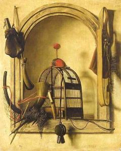 A trompe l'oeil of hunting equipment