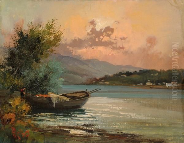 Paesaggio Lacustre Con Barca E Pescatore - view 1