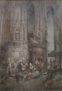 Fruit And Flower Sellers In A Cathedral by Paul Marny