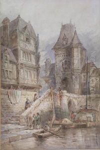 Acontinental Town Scene With Figures At A Quayside