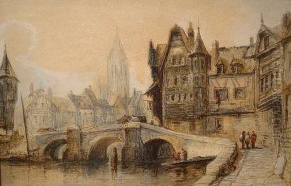 A Northen French Street Scene With Figures Approaching Abridge - view 1