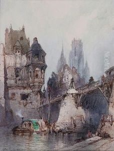 Barges Under A Town Bridge, Signed,watercolour