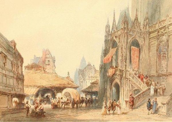 Elegante Szene Vor Einem Gotischen Seitenportal Einerfranzosischen Kathedrale - view 1