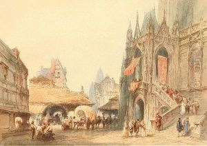 Elegante Szene Vor Einem Gotischen Seitenportal Einerfranzosischen Kathedrale by Paul Marny