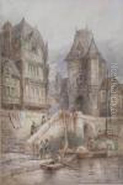 'a Continental Town Scene With Figures At A Quayside - view 1