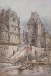 A Continental Town Scene With Figuresat A Quayside