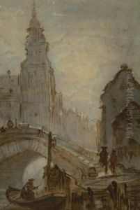 City Waterway With Figure Manoeuvring A River Boat Towards Two Figures On A Jetty