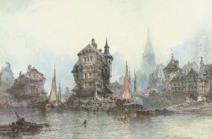 River Craft Drying Their Sails Before A Cathedral (illustrated); And A French Town