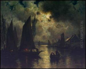 Fishing Boats At Night by Georges Philibert Charles Marionez