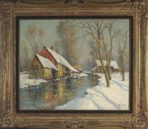 A Winter Landscape With A River And Cabins