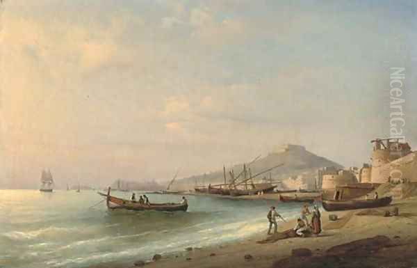 Fisherfolk at the shore, Naples beyond - view 1