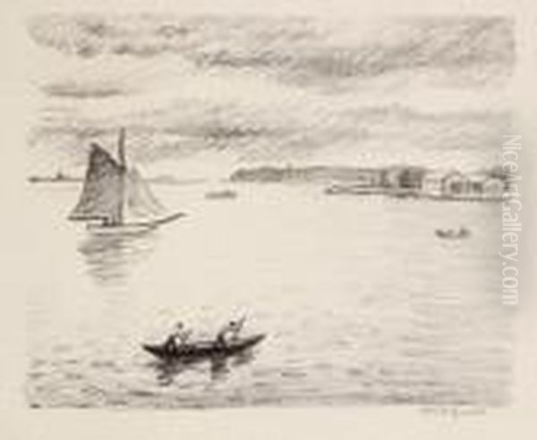 Vue D'une Baie Avec Barque Aux Deux Rameurs Et Voilier - Region De Saint-jean-de-luz - view 1