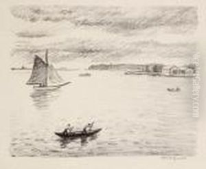 Vue D'une Baie Avec Barque Aux Deux Rameurs Et Voilier - Region De Saint-jean-de-luz