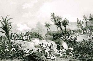 Black revolt in Santo Domingo, 16th September 1802, from Histoire Universelle du XIXe siecle, after Martine by Jean Francois Pourvoyeur