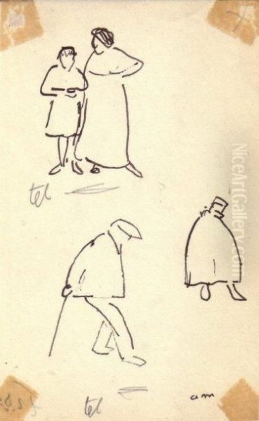 Homme A La Canne Et Badauds - view 1