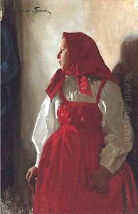 Young girl in a red sarafan by Lukjan Vasilievich Popov