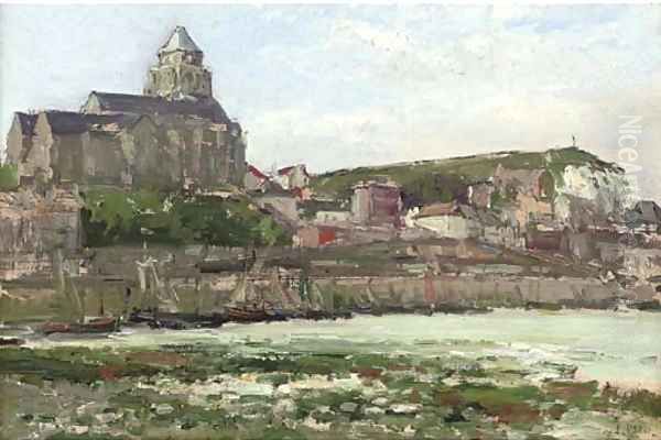 The fishing port of Les Treport at the mouth of the Bresle with the Terrace Calvary and the Church of St Jacques - view 1