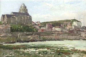 The fishing port of Les Treport at the mouth of the Bresle with the Terrace Calvary and the Church of St Jacques by Pierre Jacques Pelletier