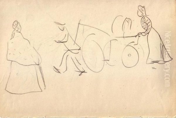 Femme Promenant Son Enfant Et Homme A La Pipe - view 1