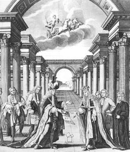 The constitutions of freemasonry by James Anderson, frontispiece, published by John Senex and John Hook, London, 1723 by John Pine