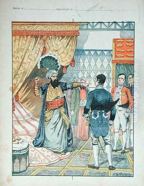 The Dey of Algiers, Hussein ibn El Hussein strikes the French ambassador, M. Deval with a fan, 27th April 1827, cover of a school textbook, 1891 - view 1