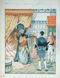 The Dey of Algiers, Hussein ibn El Hussein strikes the French ambassador, M. Deval with a fan, 27th April 1827, cover of a school textbook, 1891 by V.A. Poirson