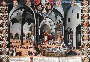 Organ door depicting the Council of Aquileia in 1596 at Udine Organ door depicting the Council of Aquileia in 1596 at Udine
