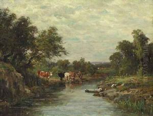 Cows Watering by Figures in a Canoe