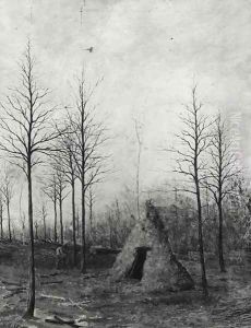 Woodcutters hut in a clearing, 1882 by Ernest Peulot