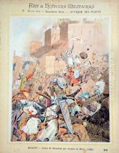 The Assault on Jerusalem led by Jacques de Molay (c.1243-1314) in 1299, front cover of Art and Histoire Militaires textbook, c.1900 by Pattanoire, M.