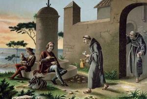 The Arrival of Christopher Columbus 1451-1506 with his Son at the Monastery of la Rabida, from The Discovery of America, published in Barcelona in 1878 by R. Puiggari