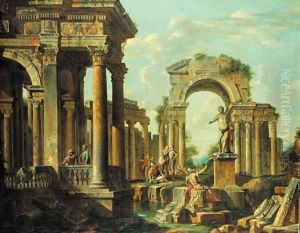 A capriccio of classical ruins with soldiers and other figures conversing
