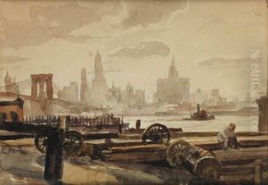 Manhattan Skyline With Brooklyn Bridge by Reginald Marsh