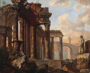 A capriccio of classical ruins with the Farnese Hercules