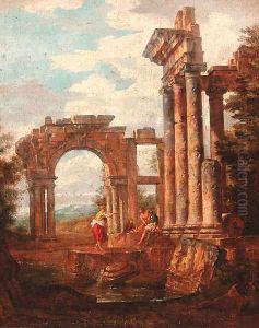 Capricci of Roman ruins with soldiers and travellers resting by Giovanni Paolo Panini