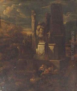 A capriccio of classical ruins with a shepherd and shepherdess conversing by Giovanni Paolo Panini