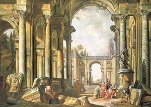 A capriccio of classical ruins with Belisarius begging at the entrance to Constantinople