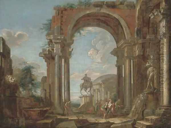 A capriccio of classical ruins with soldiers and other figures conversing by the equestrian statue of Marcus Aurelius - view 1