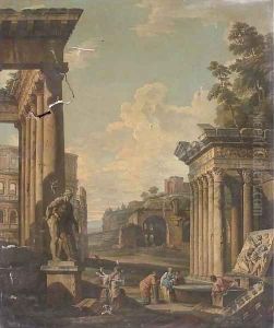 A capriccio of classical architecture with figures by a fountain