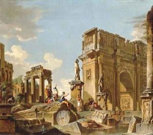 A capriccio of classical ruins with the Arch of Constantine and figures conversing by Giovanni Paolo Panini