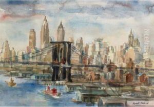 A View Of The Brooklyn Bridge And Lower Manhattan by Reginald Marsh