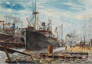 A Harbor View With Freighter And Oil Drums by Reginald Marsh