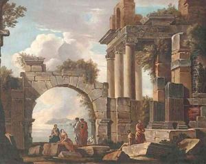 A capriccio of classical ruins with figures conversing, a lake beyond by Giovanni Paolo Panini