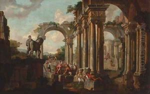 A capriccio of classical ruins with soldiers at a pool