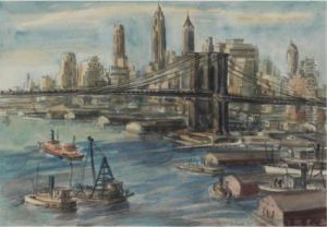 A View Of The Brooklyn Bridge And The East River From Thenorth by Reginald Marsh