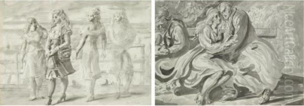 Women On The Bordwalk And Couple On A Bench: A Double-sideddrawing - view 1