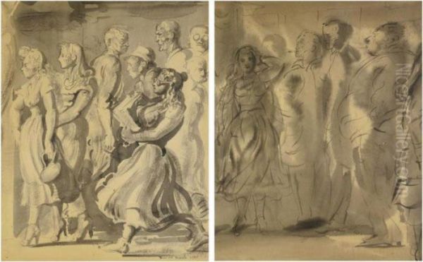 Young Women Walking On A Crowded Street: A Double-sideddrawing - view 1