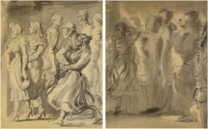 Young Women Walking On A Crowded Street: A Double-sideddrawing by Reginald Marsh